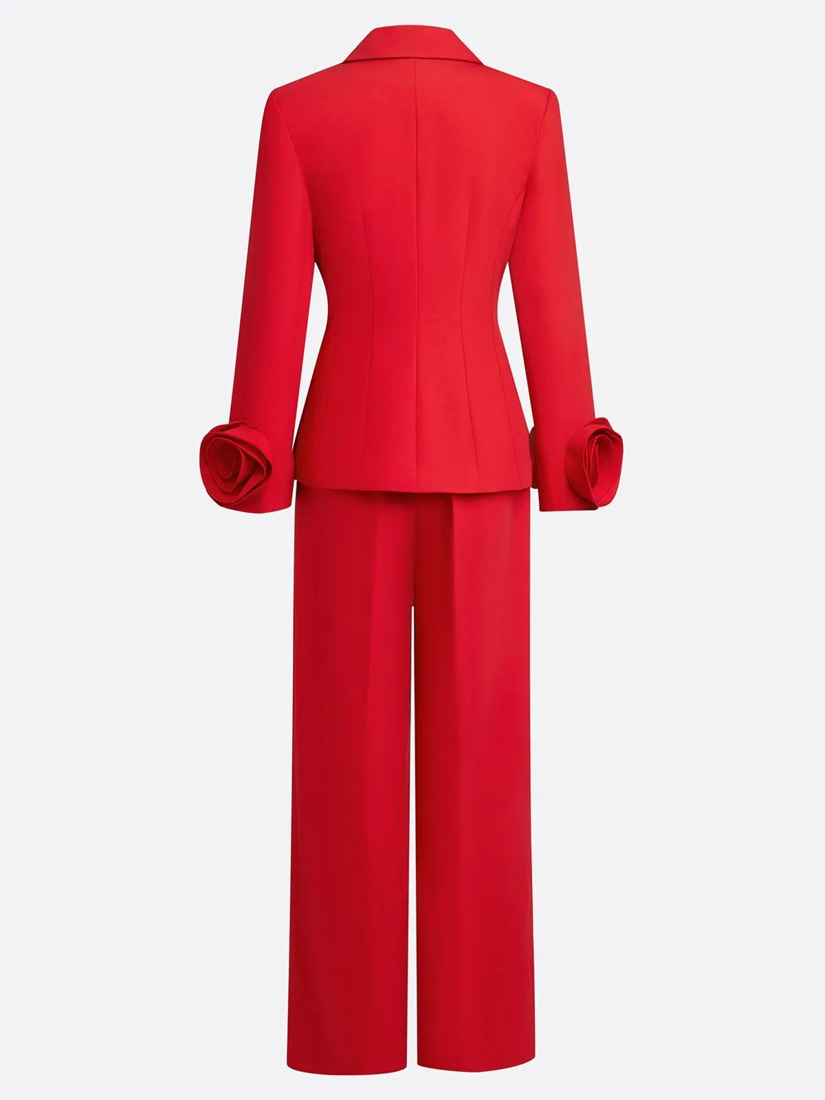 Women Red 3D Floral Lapel Collar Long Sleeve Dressy Blazer With Pants Two-Piece Set