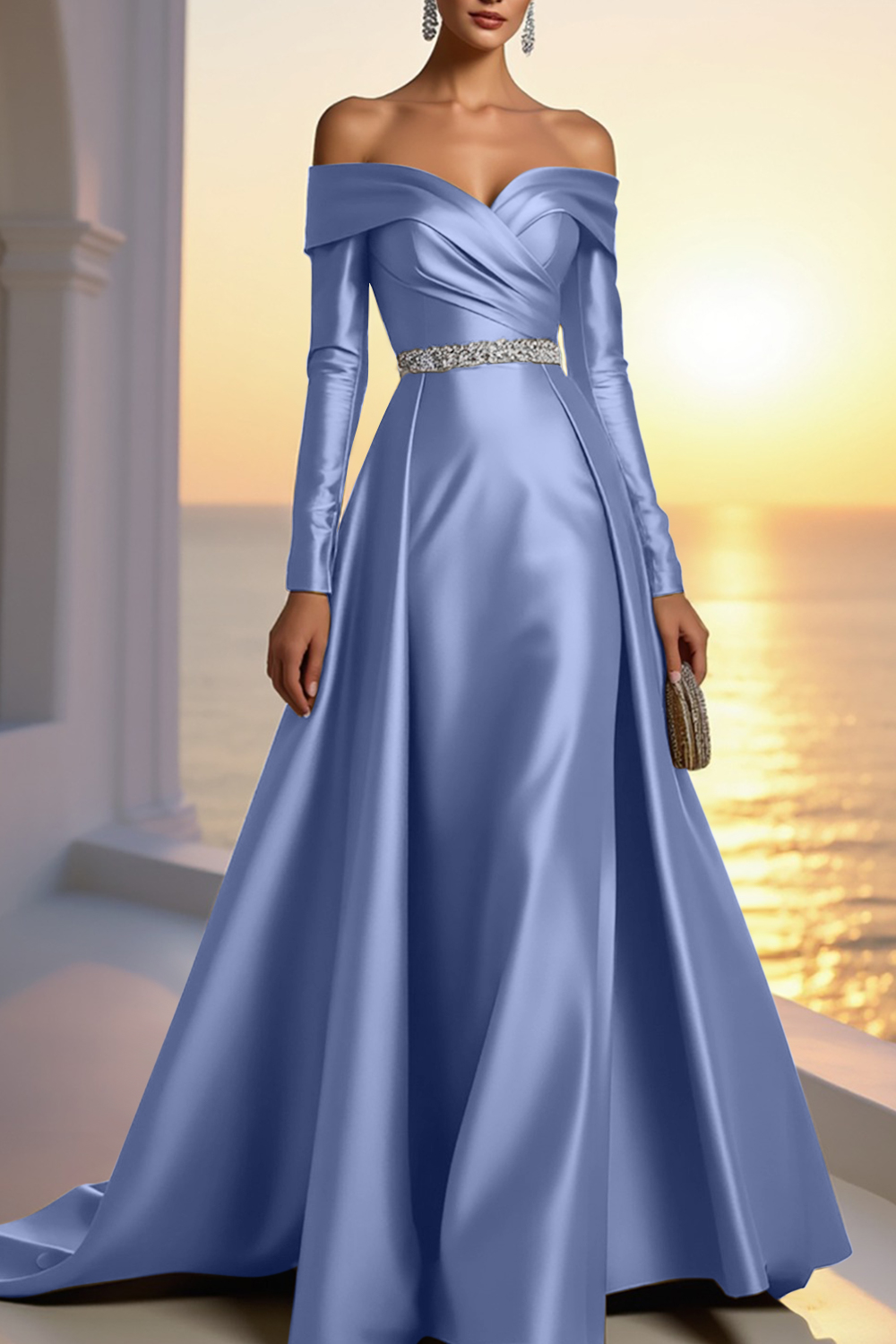 Formal Champagne Satin Dress Off The Shoulder Long Sleeve Maxi Gown