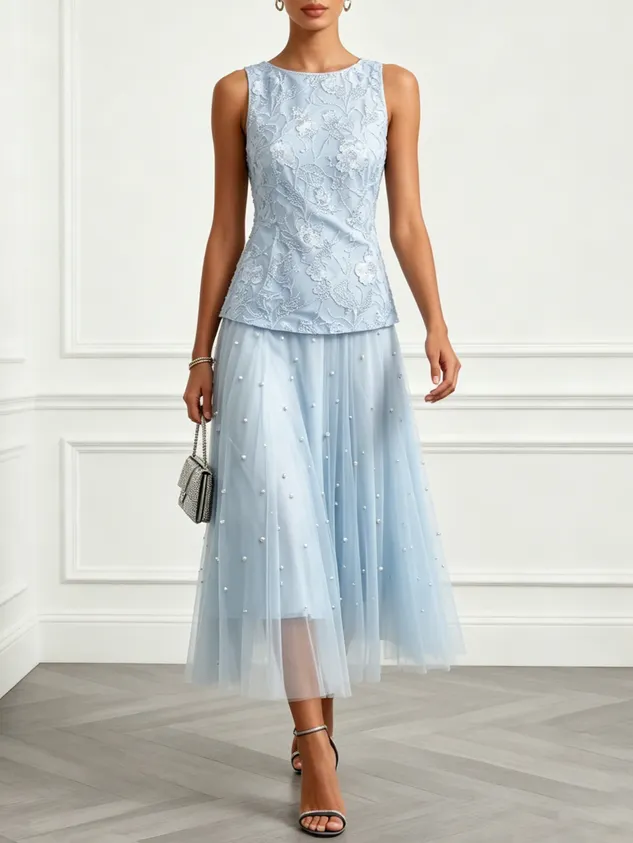 Light Blue Lace Pearl Jacquard Lace Boat Neck Sleeveless A-Line Maxi Dress