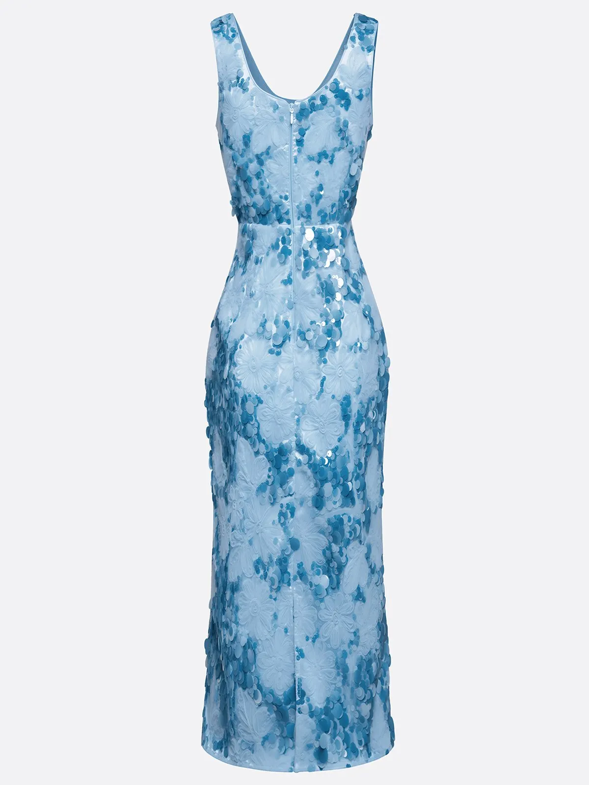Light Blue Rhinestone 3D Floral Sequin U-Neck Sleeveless Sheath Midi Dress