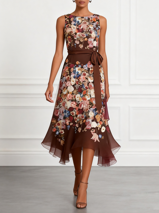 Red Brown Floral Chiffon Crew Neck Sleeveless A-Line Midi Dress