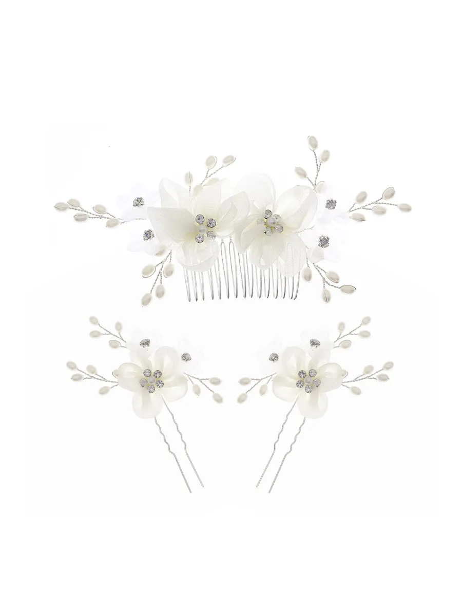 Bridal Handmade Floral Beaded Headpiece Set With Comb And U-shaped Hairpin