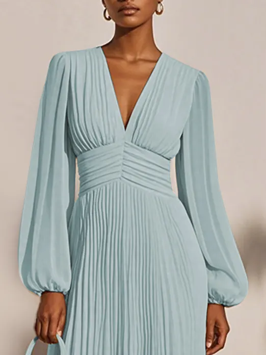 Light Blue Pleated Ruched Balloon Sleeve A-Line Midi Chiffon Dress
