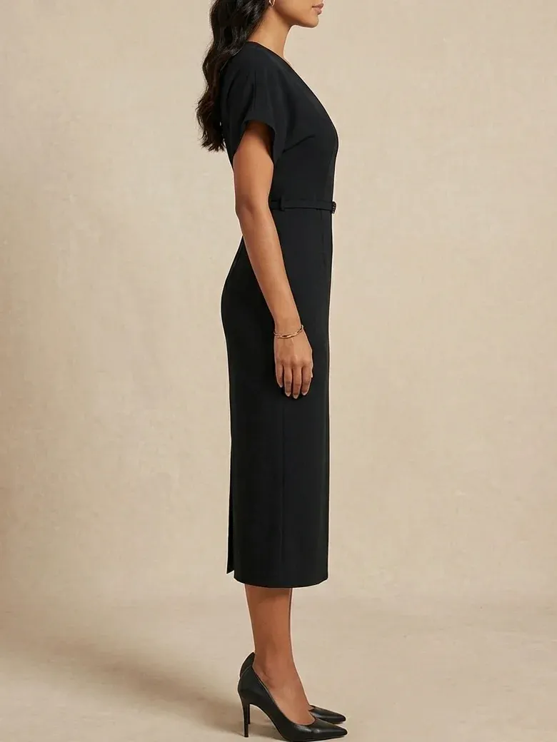 Black V Neck Belted Sheath Midi Mother of the Bride/Groom Dress