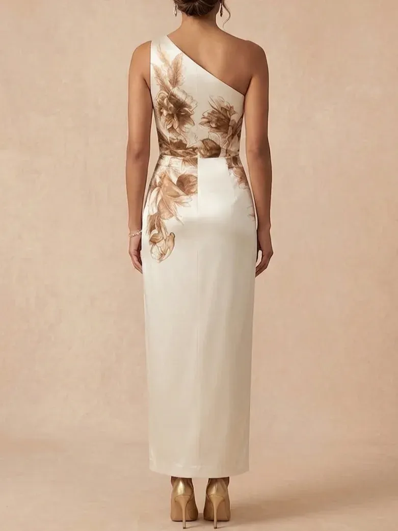 One-Shoulder Floral Satin Maxi Mother of the Bride Dress - Champagne