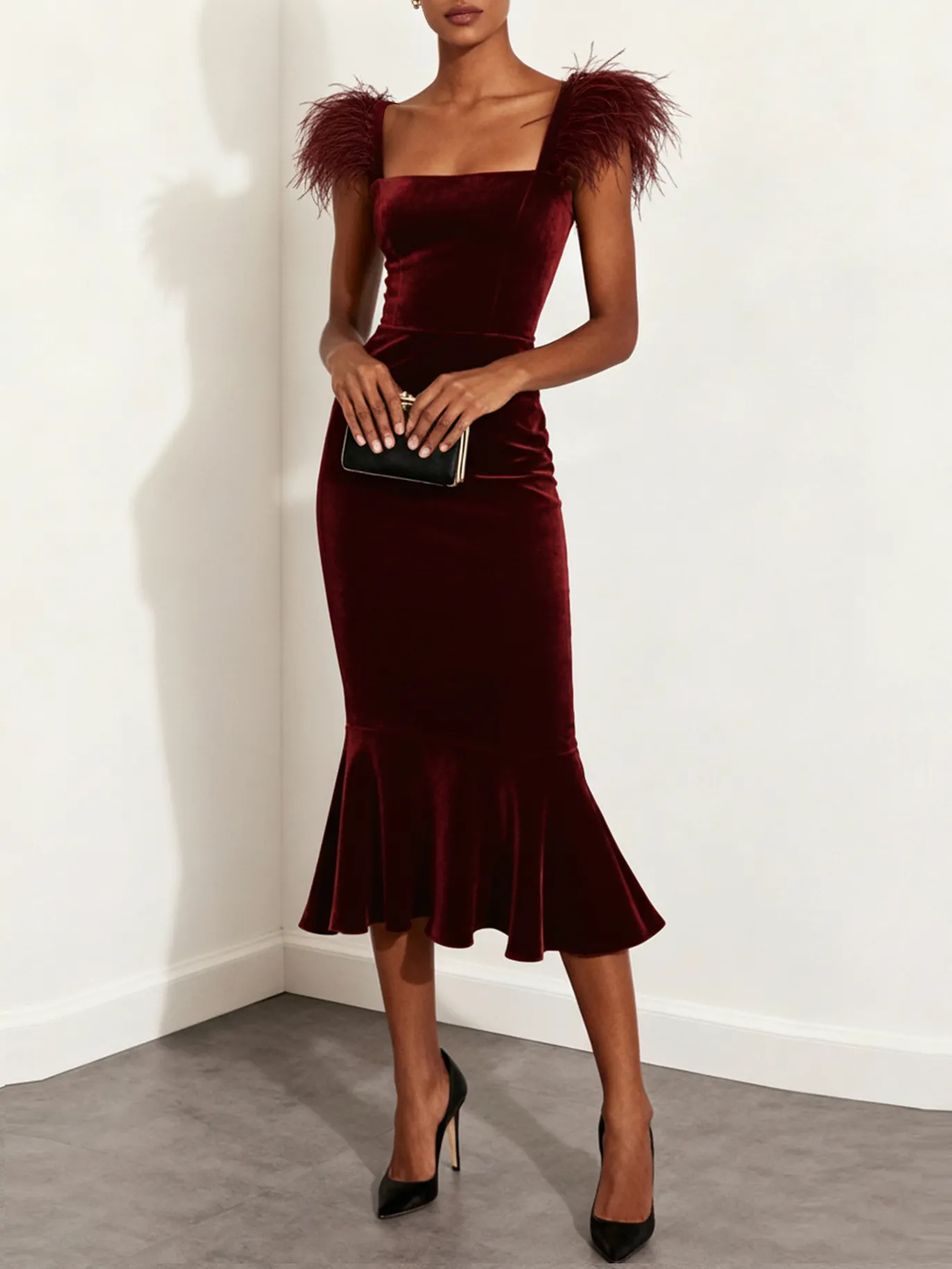 Wine Red Feather Velvet Square Neck Sleeveless Mermaid Midi Dress - Wine Red