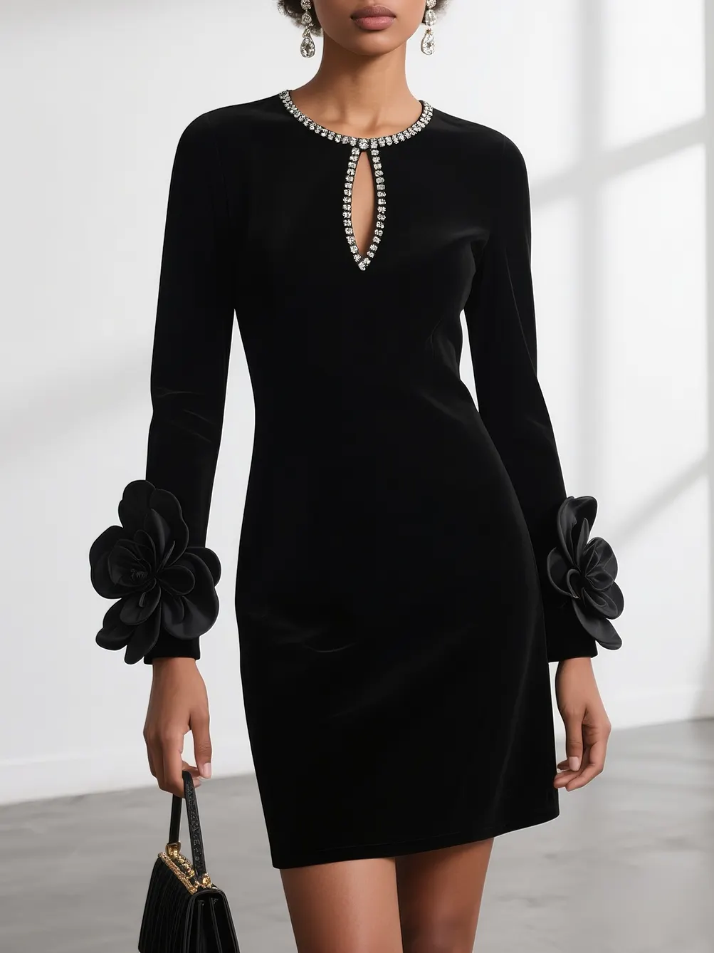 Black 3D Floral Rhinestone Velvet Crew Neck Long Sleeve Sheath Mini Dress - Black