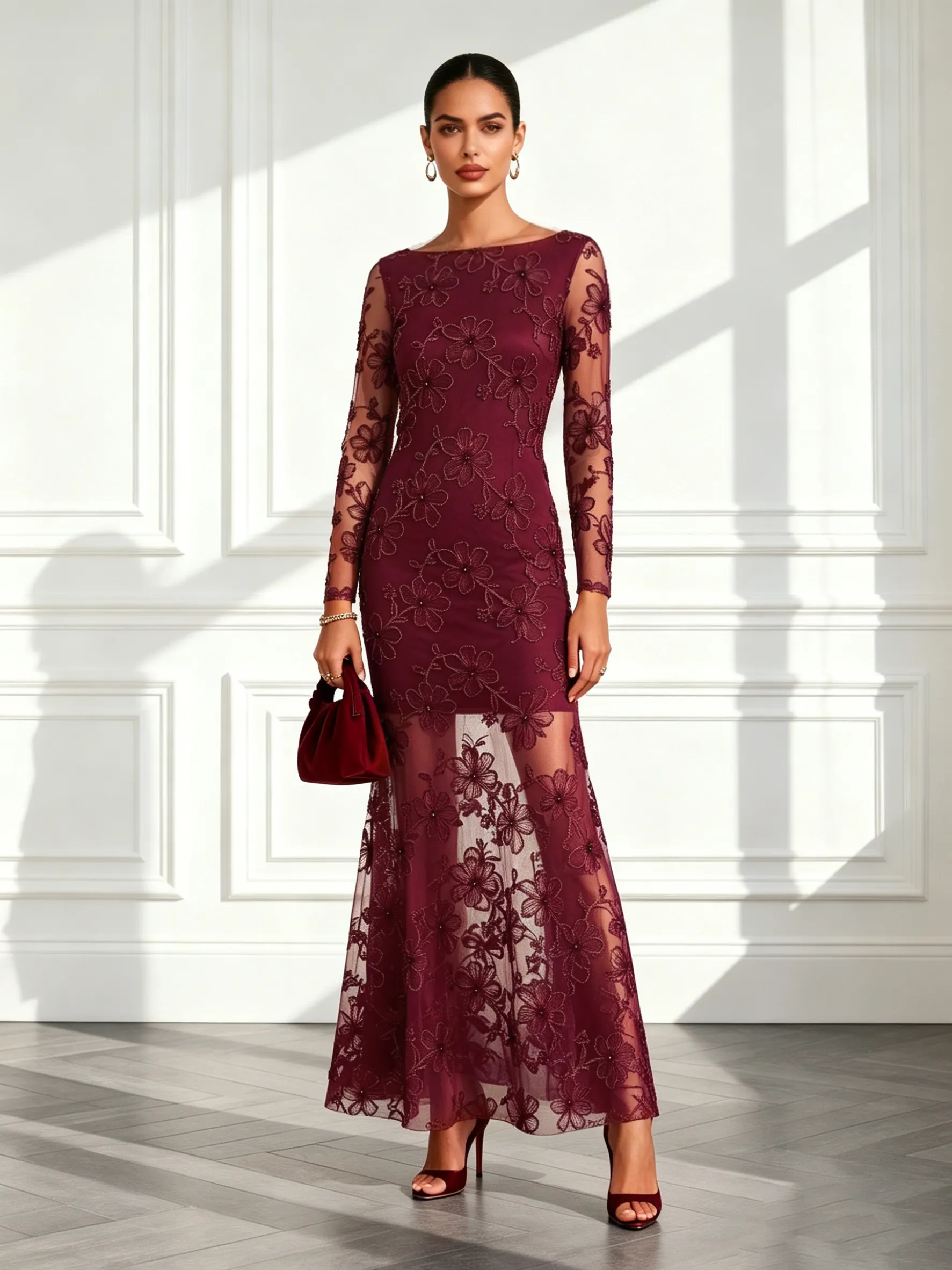 Wine Red Jacquard Lace Boat Neck Long Sleeve Mermaid Maxi Dress