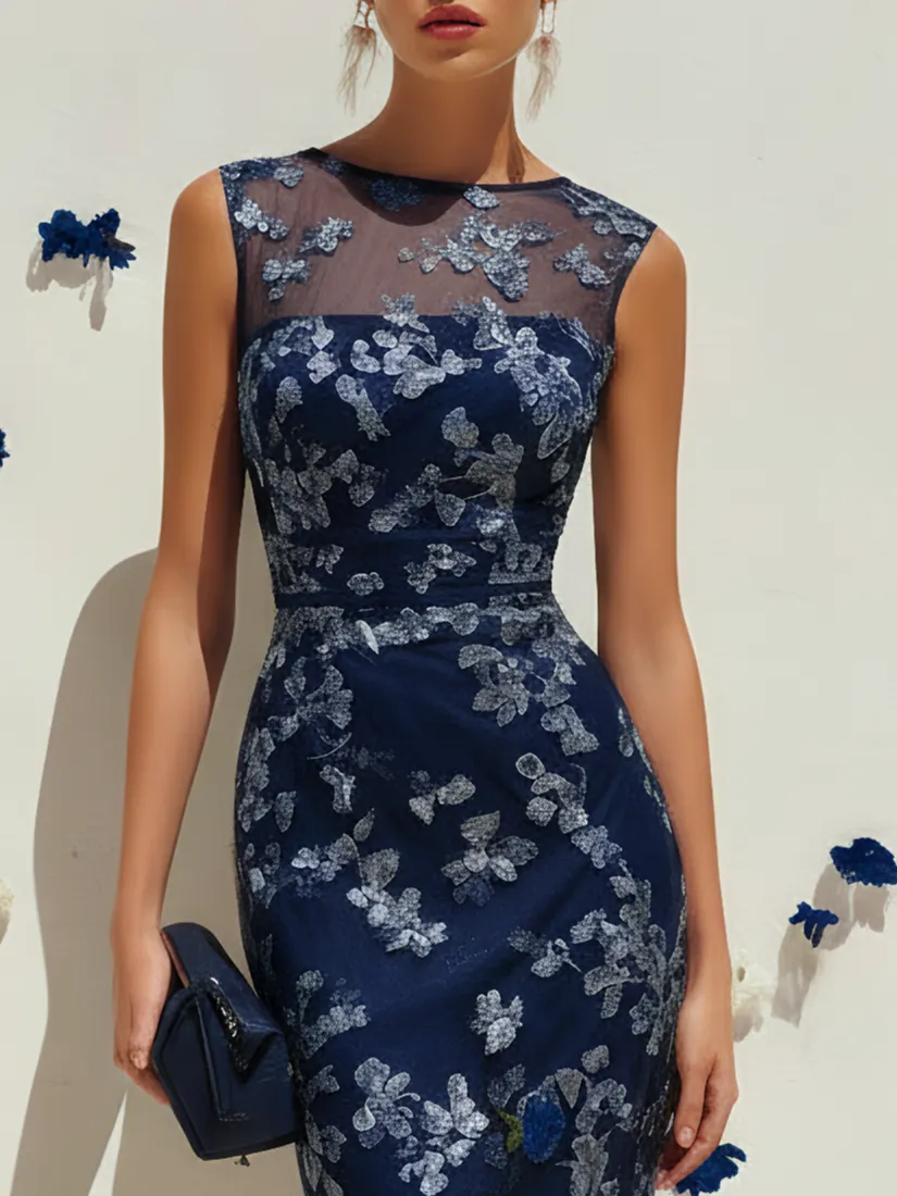 Purplish Blue Lace Applique Crew Neck Sleeveless Sheath Maxi Dress