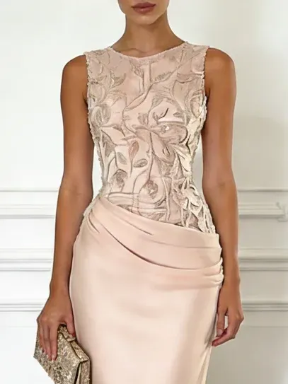 Light Pink Embroidery Satin Crew Neck Sleeveless Sheath Gown Dress