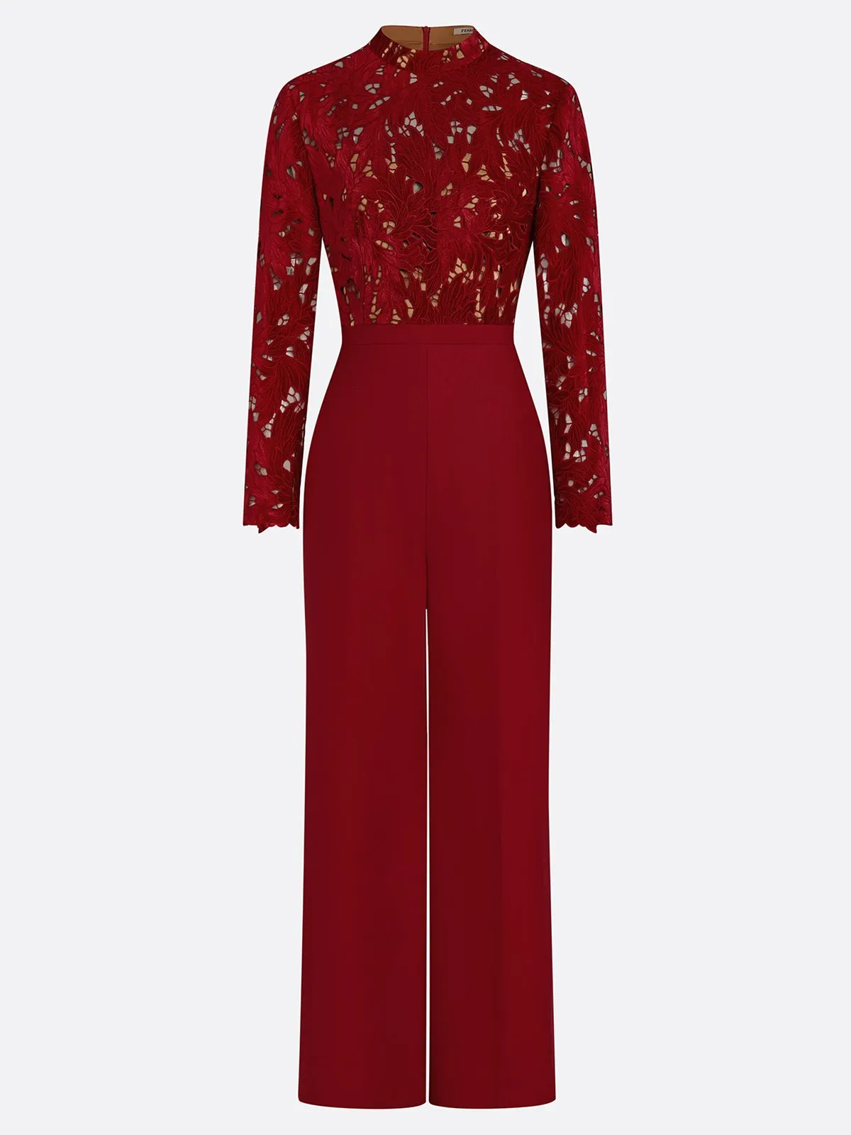 Women Wine Red Lace Flocked Mock Neck Long Sleeve Dressy Jumpsuit