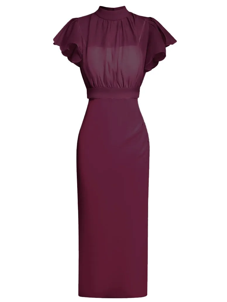 Women Burgundy Mock Neck Short Sleeve Dressy Dress With Top Two-Piece Set
