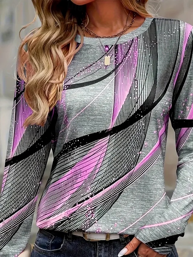 Women's T shirt Long Sleeve Crew Neck Long Sleeve Tunic Graphic Geometric Striped Vintage Stylish Round Neck Regular Tops Daily Print Purple Fall Prefall - Purple