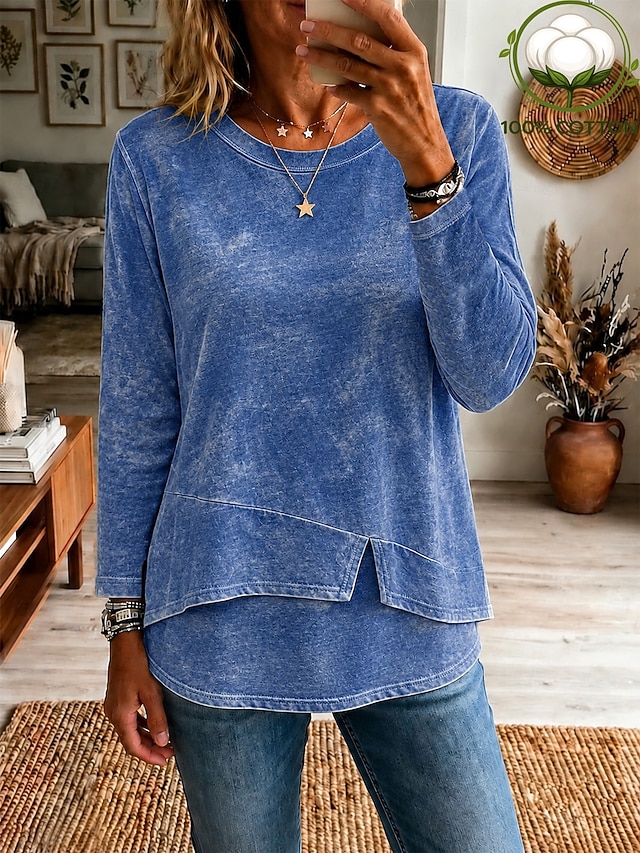 Women's Washed Cotton 100% Cotton Layered Top T Shirt Solid Color Stylish Casual Long Tops Casual Daily Blue Orange Green Summer Spring Fall - Blue
