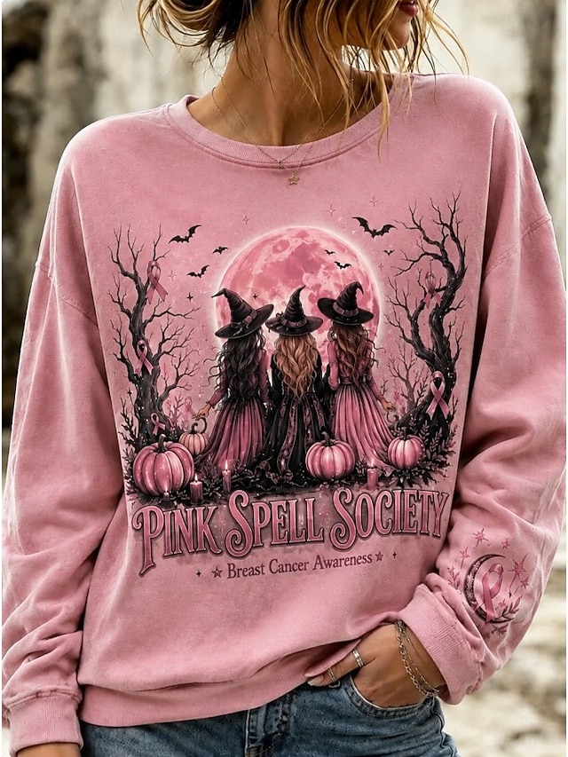 Halloween Women's Pullover Sweatshirt Print Graphic Letter Halloween Fashion Casual Long Sleeve Crew Neck Regular Tops Casual Street Dailywear Orange red Pink Purple Orange Fall Winter - Pink