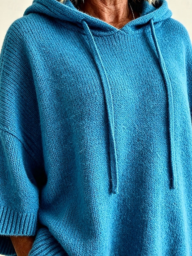 Women's Pullover Sweater Jumper Knit Sweater Streetwear Ribbed Hooded Hooded 3/4 Length Sleeve Long Tops Knit Daily Outdoor Going out Blue White Fall Winter - Blue