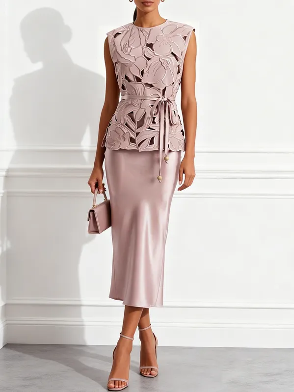 Women Pink Lace Crew Neck Sleeveless Elegant Dress With Top Two-Piece Set - Pink