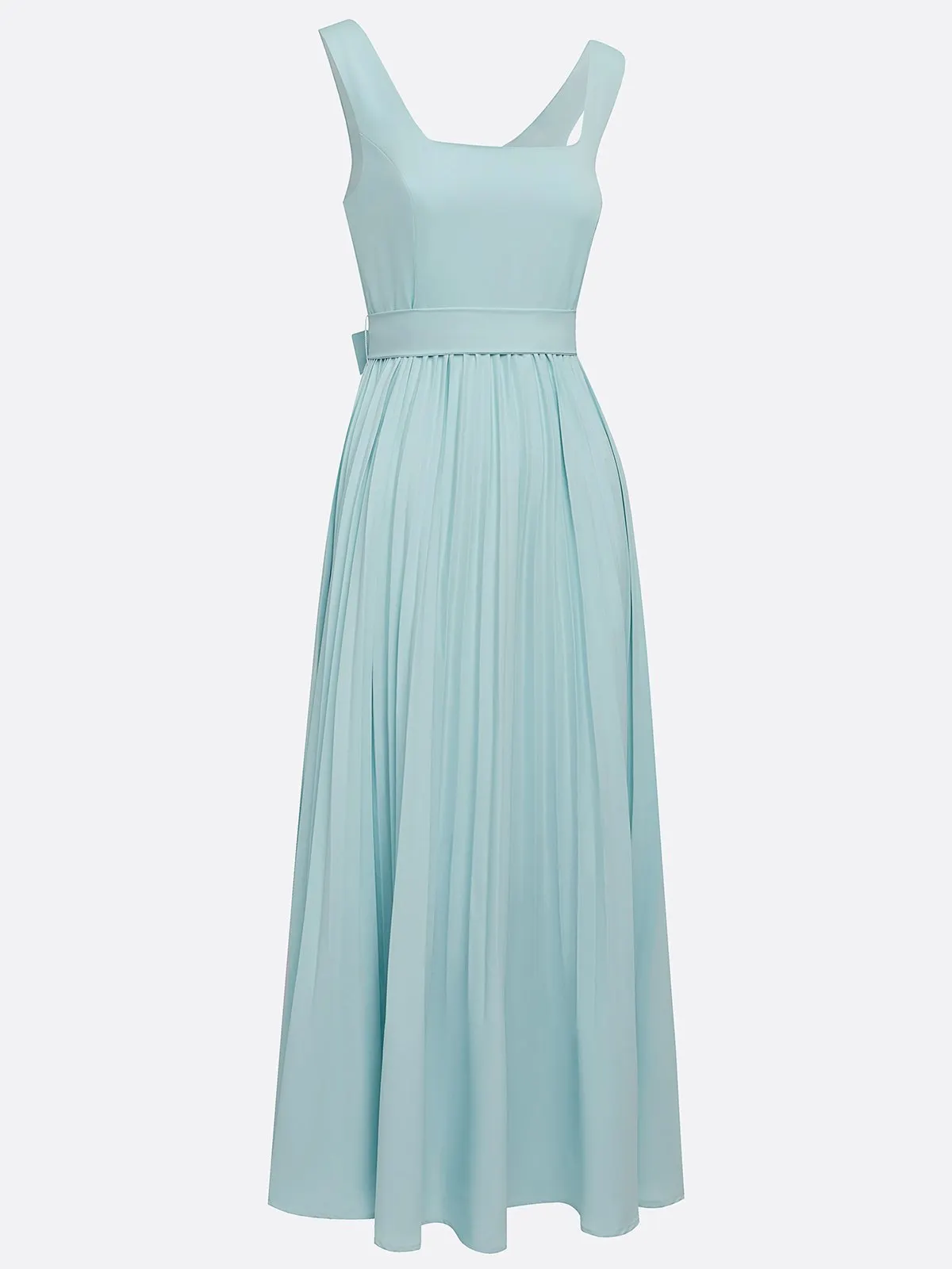 Light Blue Pleated Square Neck Sleeveless A-Line Maxi Dress