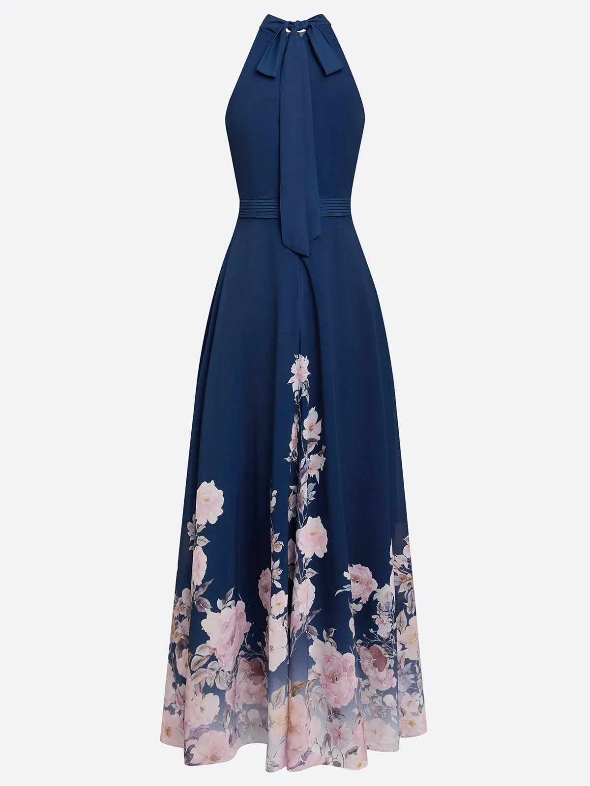 Navy Blue Floral Chiffon Halter Neck Sleeveless A-Line Maxi Dress