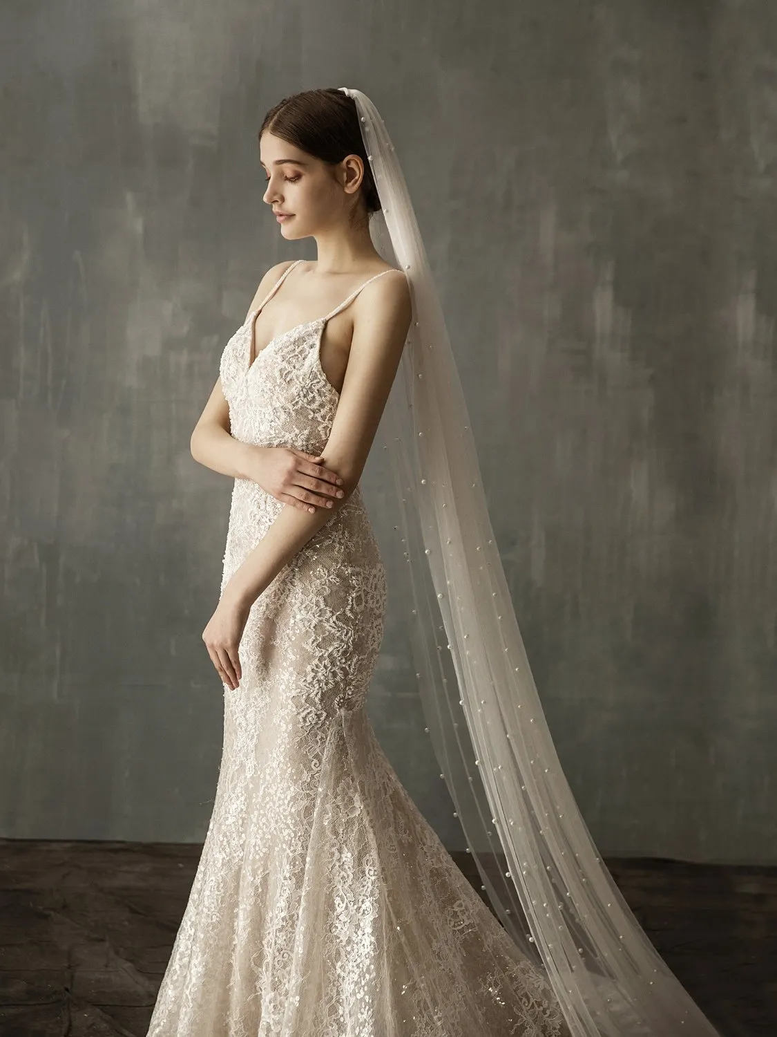 Hand-Sewn Hair Comb Pearls Long Train Soft Tulle Bridal Veil