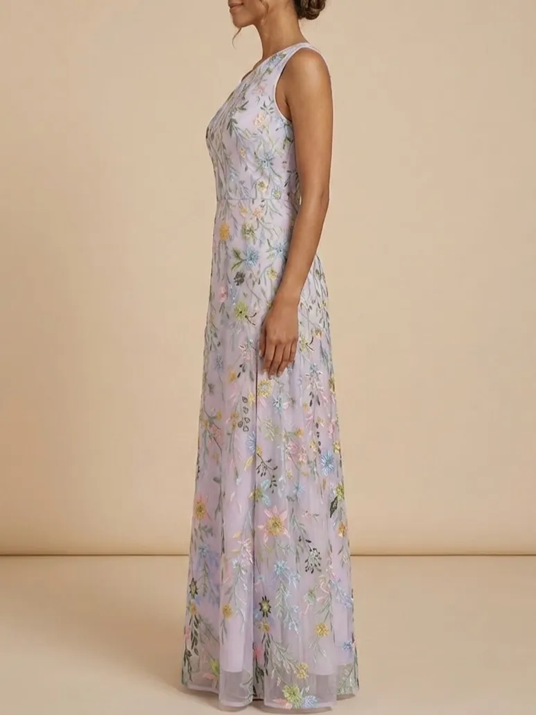 One-Shoulder Floral Embroidered Mother of the Bride Dress - Maxi A-Line Lavender Mesh Gown