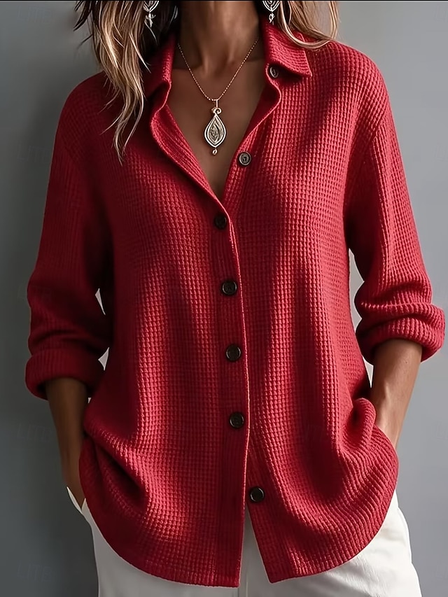 Women's Casual Vintage Waffle Knit Shirt Texture Buttons Long Sleeve Turndown Long Tops Black Yellow Burgundy Summer Fall - Burgundy