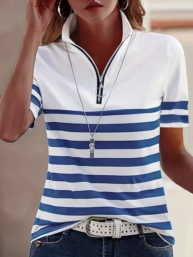 Women's T Shirt Zipper Quarter Zip Striped Graphic Geometric Color Block Vintage Tropical Hawaiian Short Sleeve High Neck Regular Tops Beach Wedding Casual Daily Blue Black Red Navy Blue Camel Summer - Blue