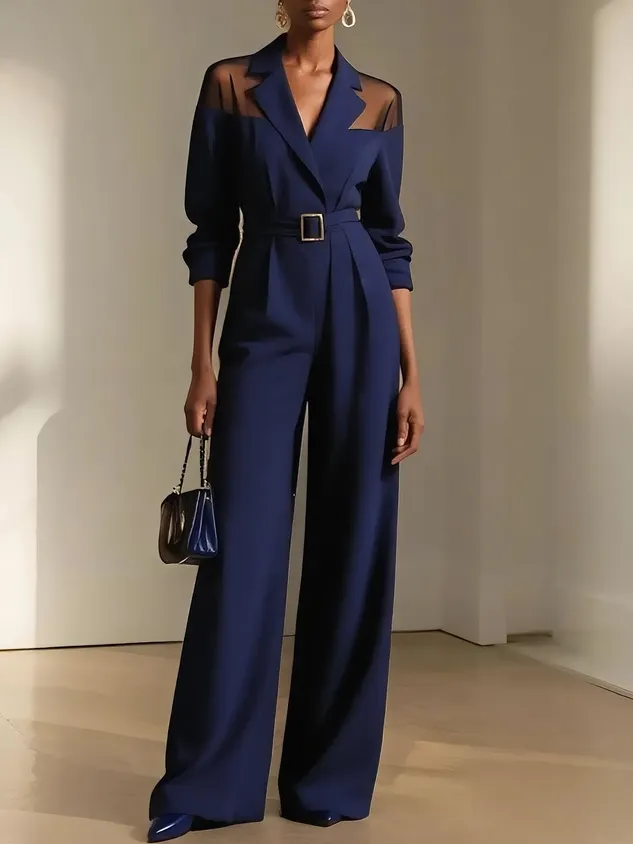 Women Black Mesh Lapel Collar Long Sleeve Dressy Jumpsuit