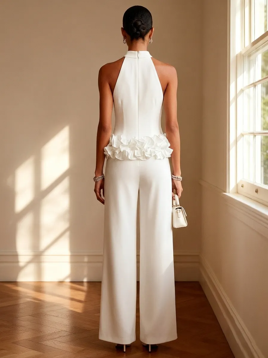 Women Off White 3D Floral Halter Neck Sleeveless Dressy Top With Pants Two-Piece Set