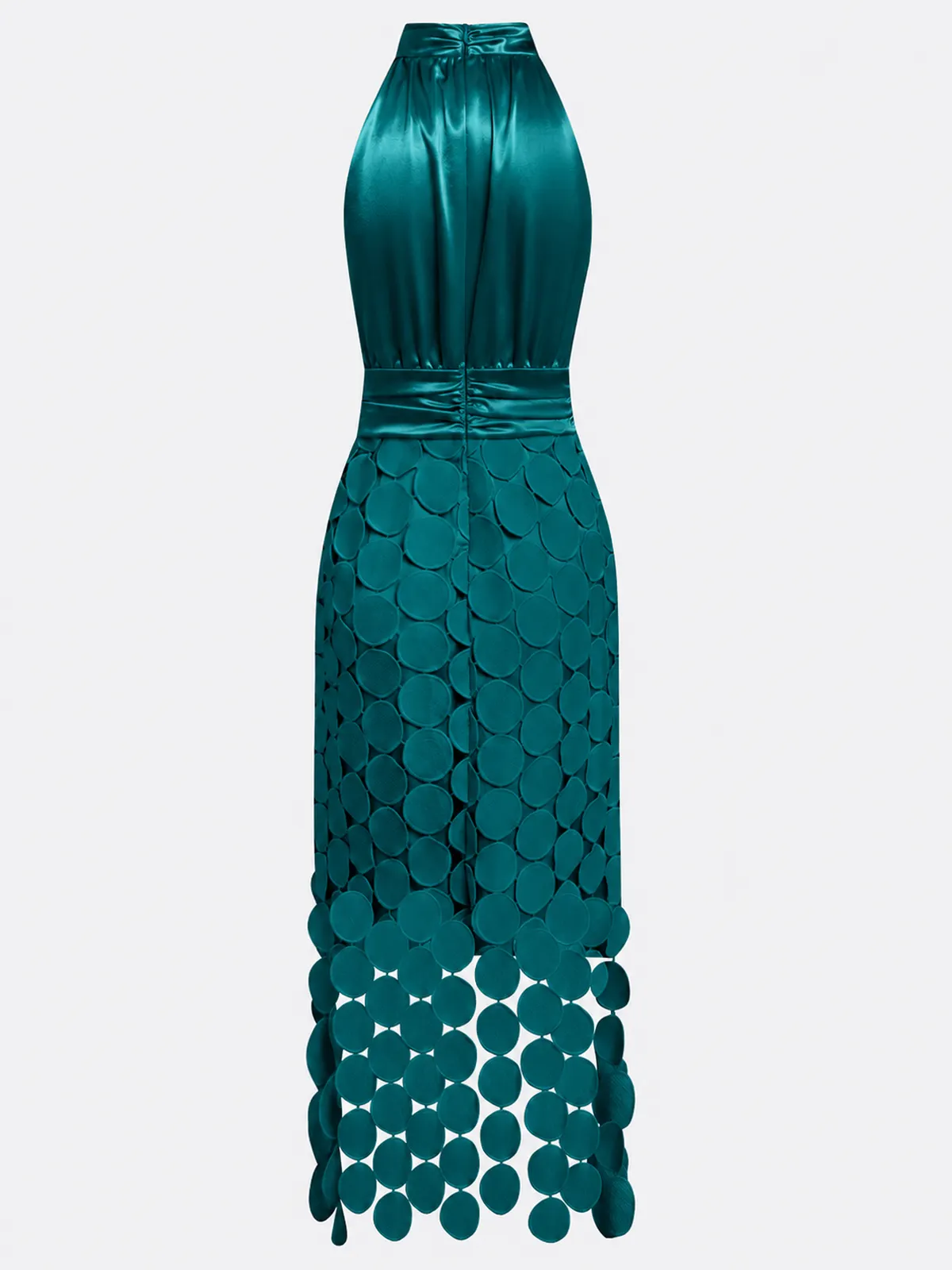 Cyan Ruched Satin Halter Neck Sleeveless A-Line Midi Dress