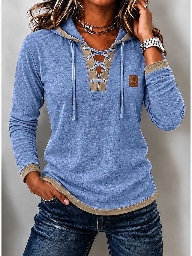 Women's Washed Cotton 100% Cotton Hoodies Blouse Plain Vintage Fashion Stylish Long Sleeve Hooded Regular Tops Casual Blue Khaki Black Spring Fall Winter - Blue