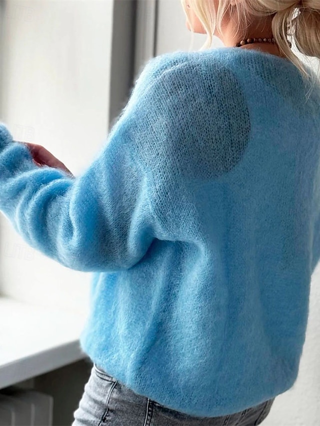Women's Sweater Pullover Elegant Fashion Cute Solid Color V Neck Knitted Long Sleeve Regular Tops Knit Daily Home Outdoor Blue Pink Fall Winter - Blue