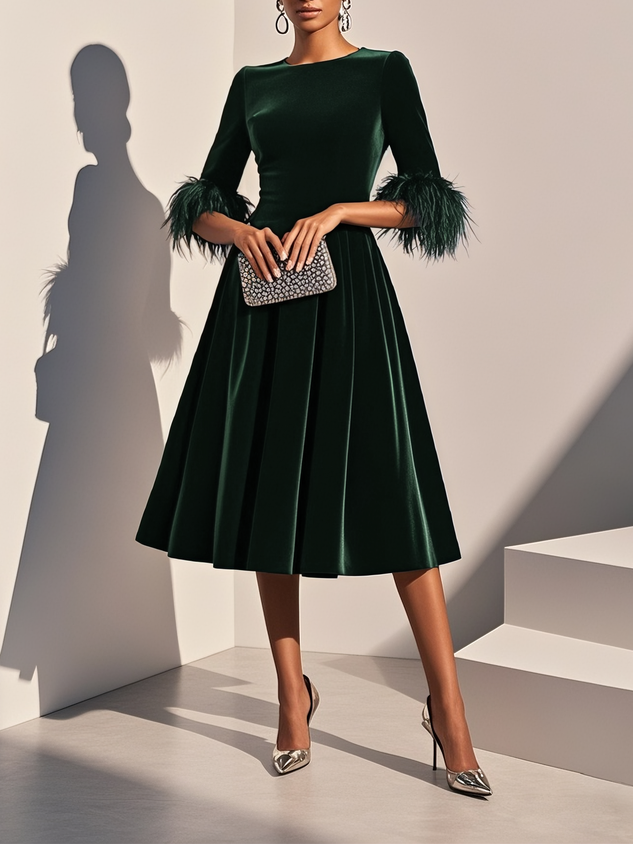 Purplish blue Feather-trimmed Velvet Crew Neck Half Sleeve A-Line Midi Dress