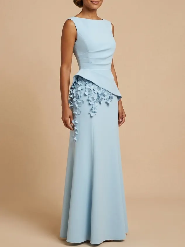 Light Blue Peplum Floral Appliqué Maxi Mother of the Bride Dress
