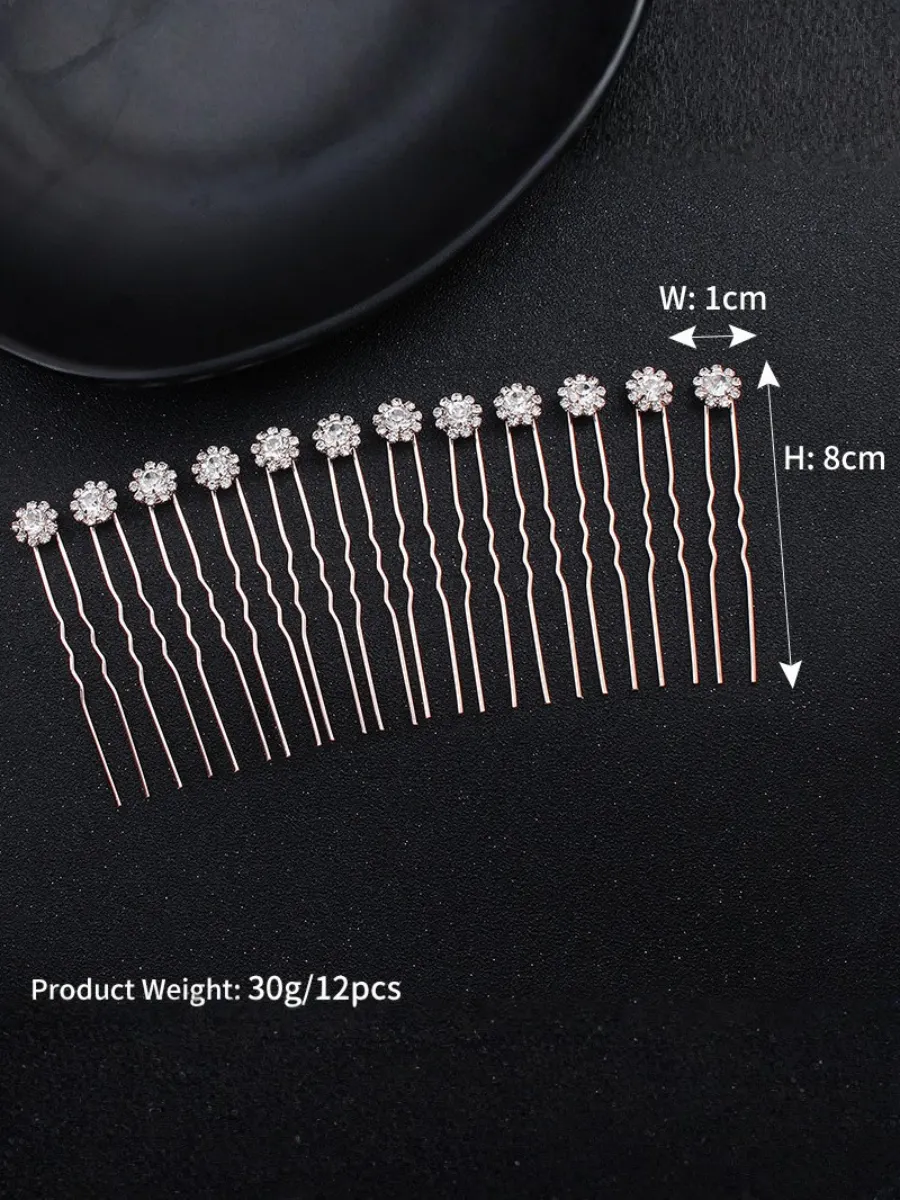 Bridal Floral Rhinestone U-shaped Hair Fork Set With Alloy Hairpins And Hair Ornaments - Silver