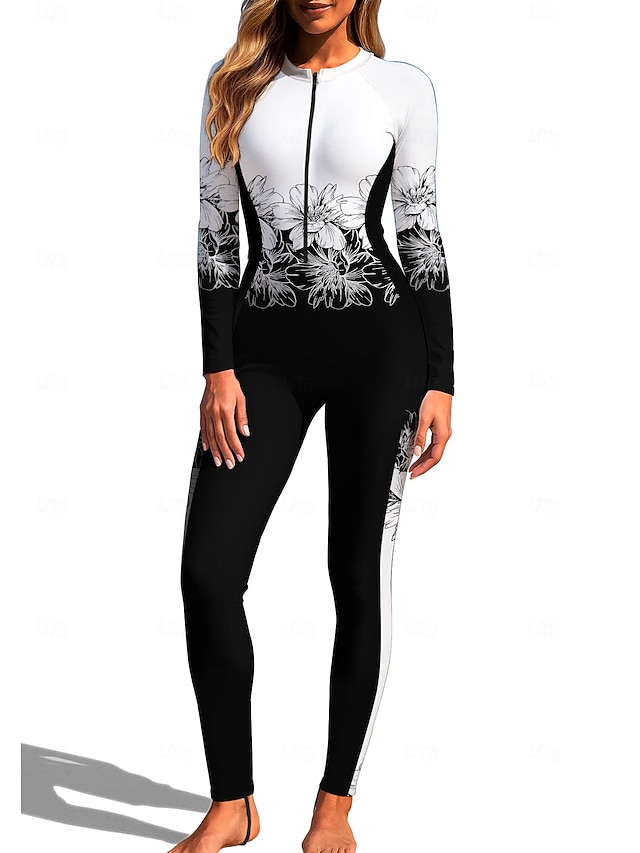 Women's Regular Rash Guard Full Body Rash Guard One Piece Surfing Suit Floral Tropical Color-blocking Zip Up with Built in Bra Front Zip UV Sun Protection Full Coverage UPF50+ Long Sleeve Full Body - Black / White