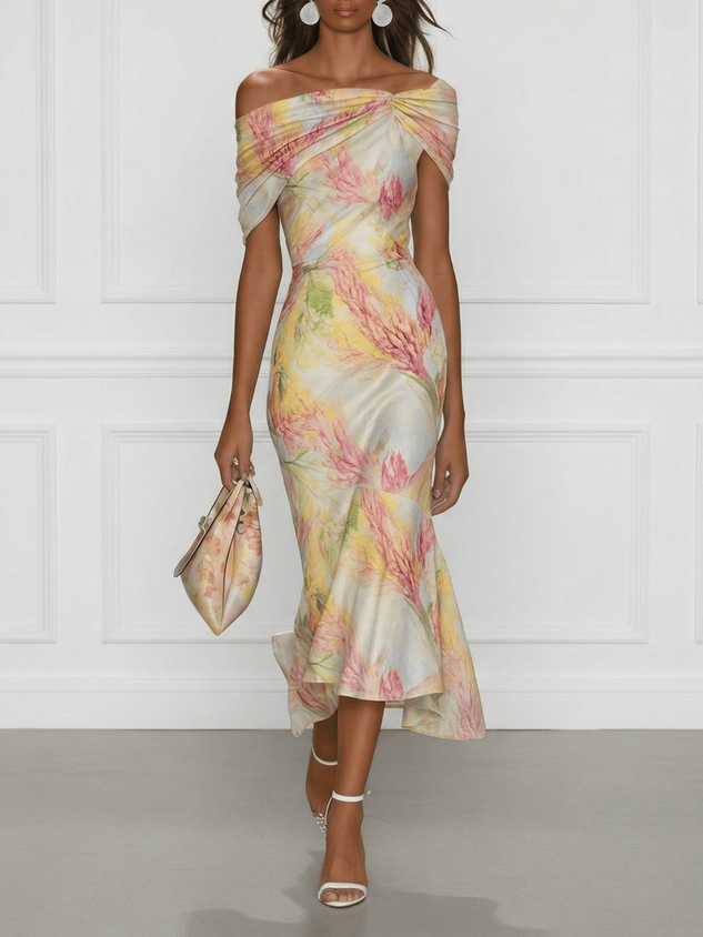 Light Green Floral Classic Off The Shoulder Short Sleeve Mermaid Midi Dress