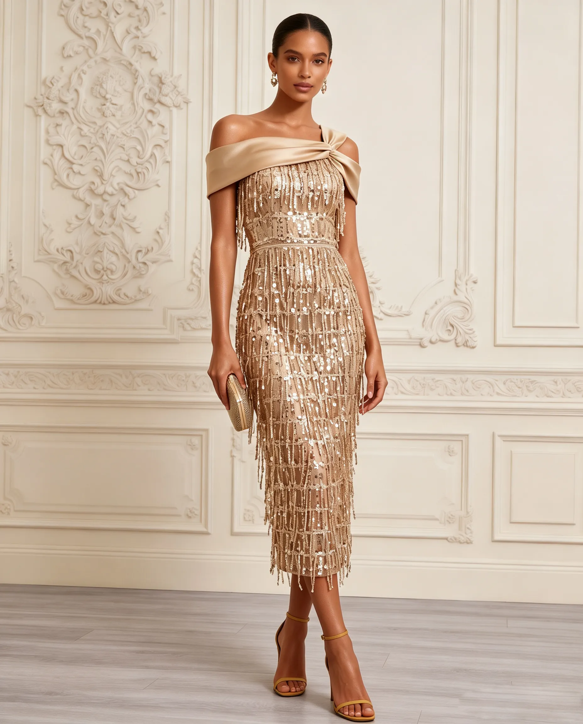 Champagne Tassel Sequin Asymmetrical Sleeveless Sheath Midi Dress