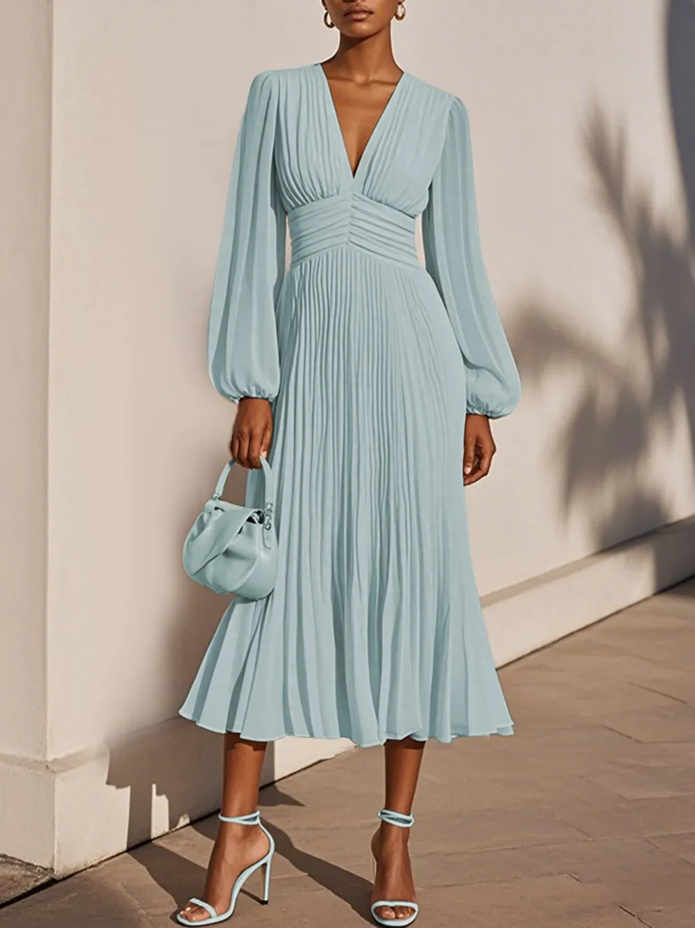 Light Blue Pleated Ruched Balloon Sleeve A-Line Midi Chiffon Dress - Light Blue