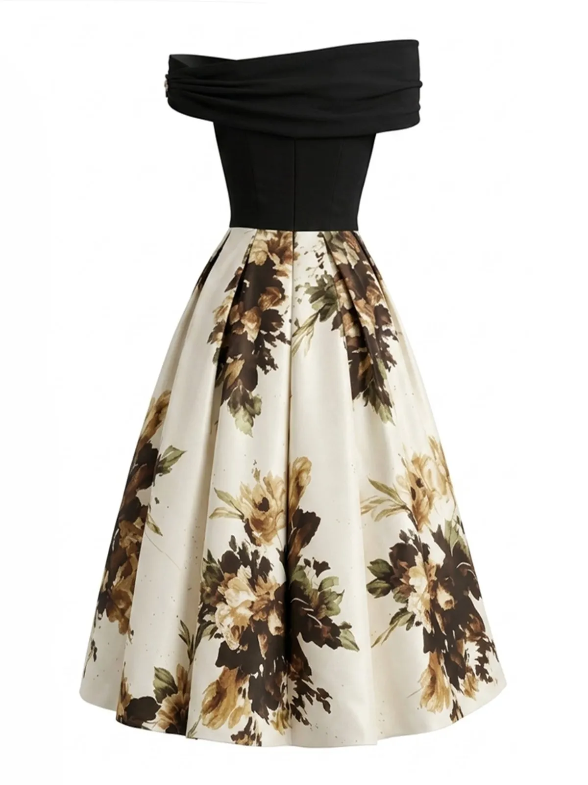 Black Metal Floral Knit Off The Shoulder Short Sleeve A-Line Midi Dress