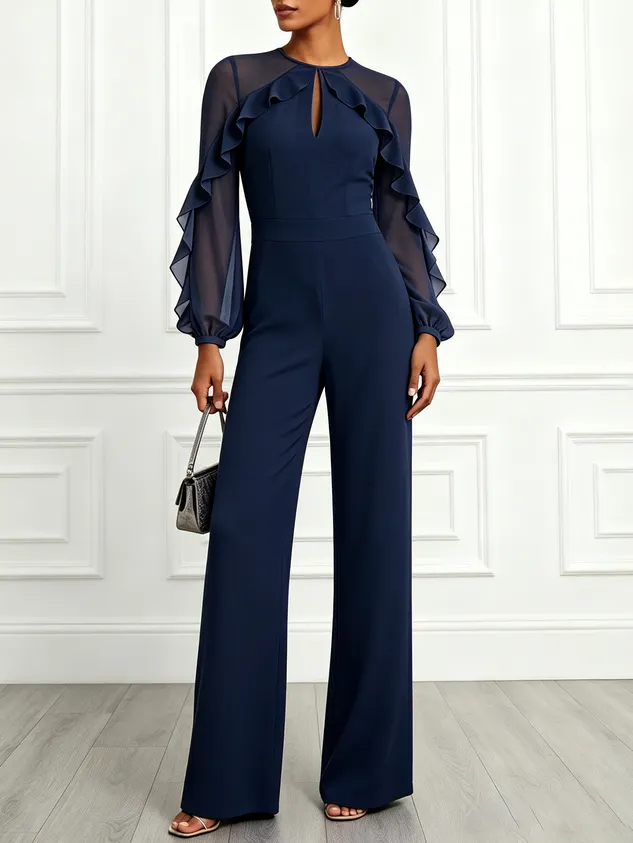 Women Navy Blue Ruffled Crew Neck Long Sleeve Balloon Sleeve Elegant Jumpsuit