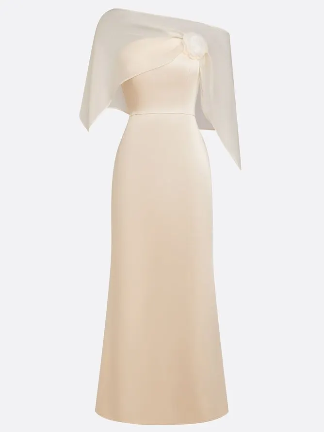 Champagne 3D Floral Satin Boat Neck Short Sleeve Sheath Gown Dress with Capelet