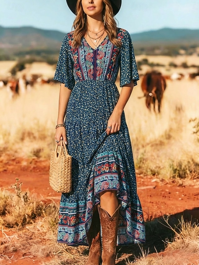 Women's Maxi Dress Boho Dress Casual Dress Floral Dress Elegant Fashion Modern Outdoor Beach Vacation Loose Fit Paisley Short Sleeve V Neck Blue Black Yellow Red Summer Spring - Navy Blue