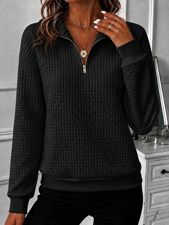 Women's Waffle Hoodies Textured Zip Up Sweatshirts Half Zip Casual Long Sleeve Half Zip Regular Tops Casual Black Yellow Pink Dark Blue Light Blue Summer Spring Fall - Black