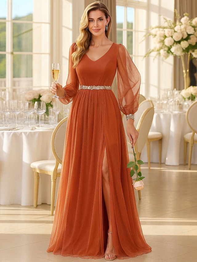 A-Line Floor Length Formal Dresses Evening Gown Mother of the Bride Dress Long Sleeve V Neck Elegant Vintage Party Formal with Pleats Split Front - Orange