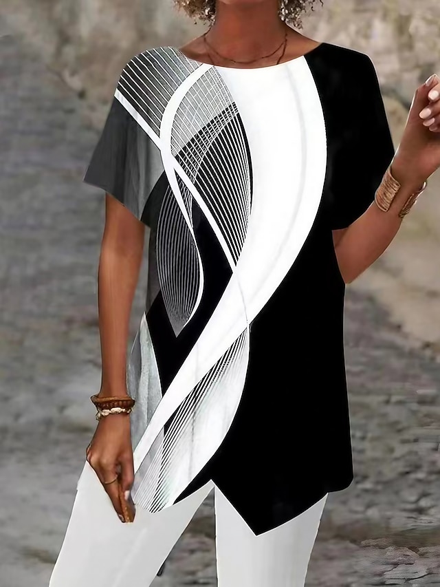 Women's Blouse Asymmetrical Hem Basic Abstract Print Short Sleeve Long Tops Round Neck Casual Silver Black White Blue Khaki - White