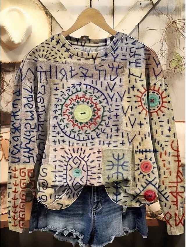 Women's Pullover Sweatshirt Print Floral Graphic Warm Active Vintage Long Sleeve Crew Neck Regular Tops Casual Street Dailywear Blue Black Red Purple Orange Spring Fall Winter - Beige