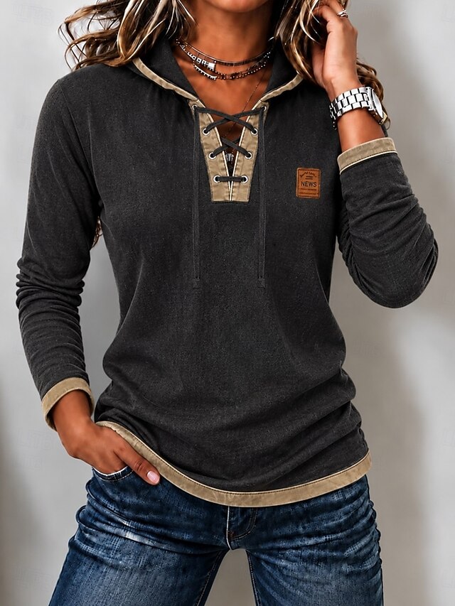 Women's Washed Cotton 100% Cotton Plain Vintage Fashion Stylish Long Sleeve Hooded Regular Tops Casual Blue Khaki Black Spring Fall Winter - Blue