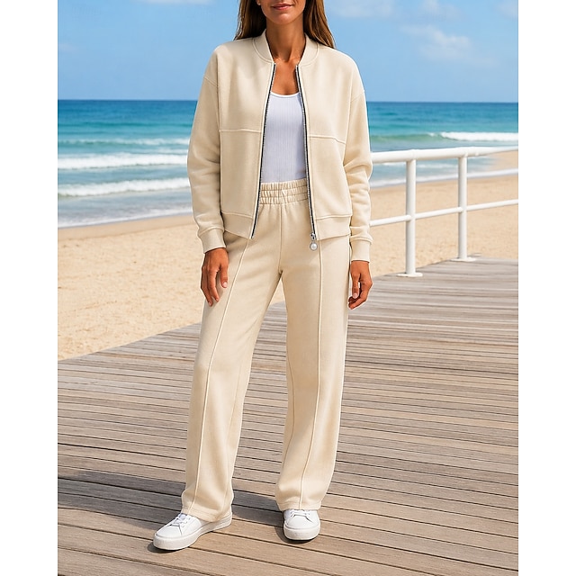 Women's 2 Piece Outfits Lounge Sweatsuit Pocket Solid Colored Clothing Suit Fall Black White Spandex Outdoor Travel Sports Moisture Wicking Long Sleeve Sport Activewear Micro-elastic Regular Fit - Beige