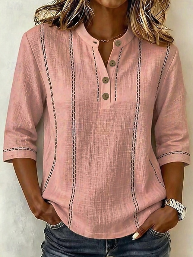 Women's Shirt Cotton Linen Shirts Vacation Vintage Daily Stand Collar Long Tops Casual Daily Work Blue Pink Beige Summer Spring - Pink